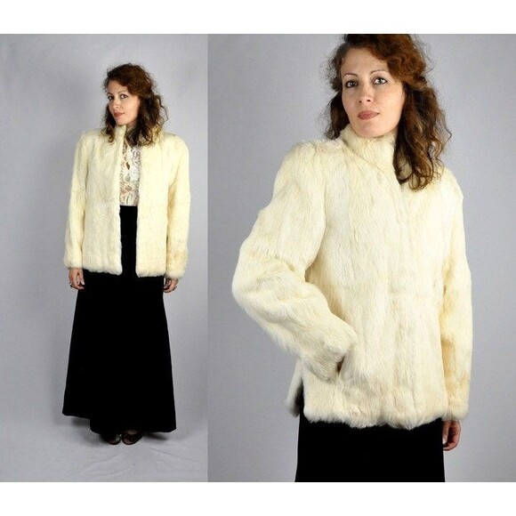 Vintage White Rabbit FUR Coat Jacket - Super Soft Real Rabbit Fur Ivory S M - Picture 1 of 5